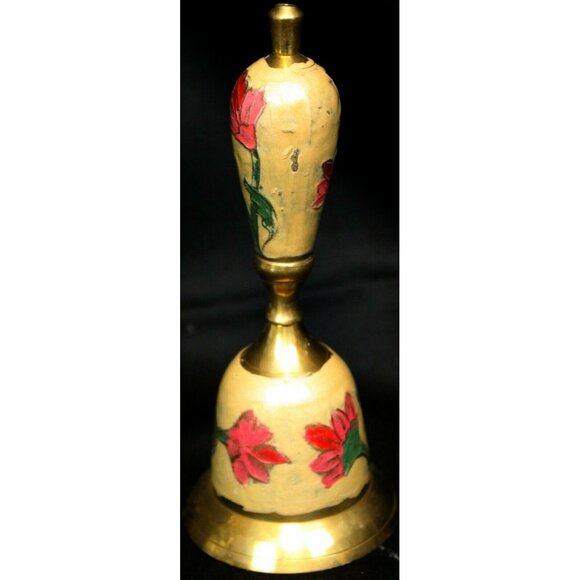 Metal Golden Brass Hand Bell Cream Enameled Pink Red Floral Pattern - Picture 7 of 12